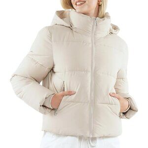 Women's Cream Charcoal Puffer Jackets Warm Winter Jacket With Removable Hood